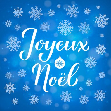Joyeux Noel el yazısı mavi arka planda bokeh ve kar taneleriyle birlikte. Fransızca Mutlu Noeller tipografi posteri. Tebrik kartı, afiş, etiket, broşür vs. için vektör şablonu.