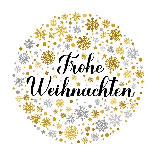 Frohe Weihnachten Caligrafia Mão Lettering Com Ouro Prata Flocos Neve — Vetor de Stock