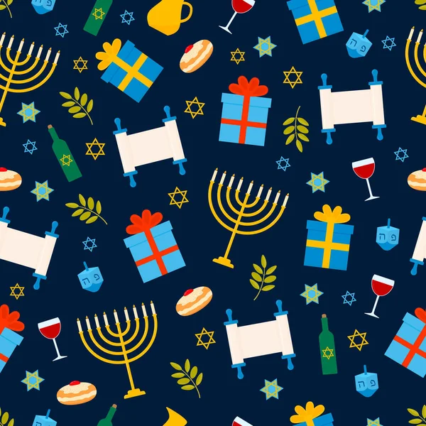 Hanukkah Seamless Pattern Traditional Jewish Symbols Dreidel Menorah Candle Jar — Stock Vector
