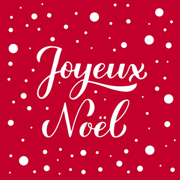 Joyeux Noel Caligrafia Letras Mão Fundo Vermelho Com Confete Neve — Vetor de Stock
