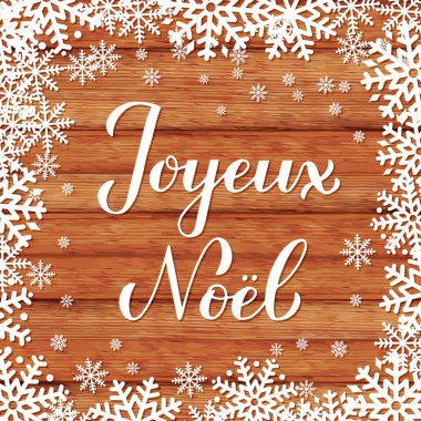 Joyeux Noel el yazısı kartaneleriyle ahşap arka planda. Fransızca Mutlu Noeller tipografi posteri. Tebrik kartı, afiş, broşür, etiket vs. için vektör şablonunu düzenlemek kolay.