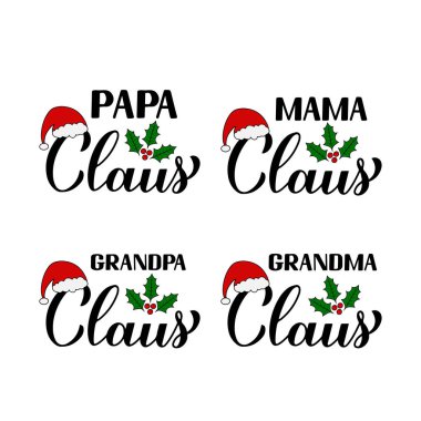 Noel aile takımı. Baba, anne, büyükbaba, büyükanne Claus el yazısı beyaza izole edilmiş. Tipografi. Poster, tebrik kartı, afiş, broşür, etiket, logo tasarımı için vektör şablonu