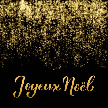 Neşeli Noel el yazısı, parlak altın sarısı arka planda. Fransızca Mutlu Noeller tipografi posteri. Tebrik kartı, afiş, el ilanı vs. için vektör şablonunu düzenlemek kolay