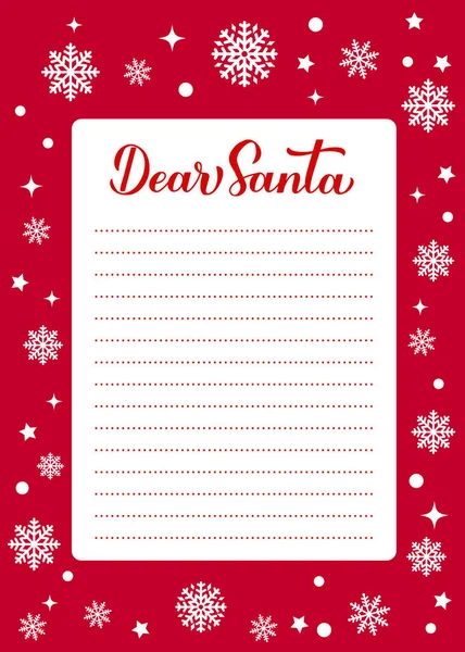 Carta de lista de desejos de Natal. Caro Papai Noel caligrafia mão lettering no fundo vermelho com flocos de neve. Carta ao modelo de vetor Papai Noel. — Vetor de Stock