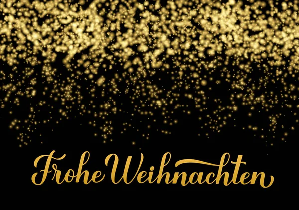 Frohe Weihnachten kalligrafi hand bokstäver på glänsande guld gnistrar bakgrund. God jul typografi affisch på tyska. Vektor mall för gratulationskort, banner, flygblad, etikett, etc. — Stock vektor