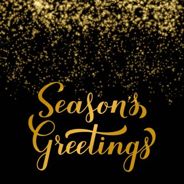 Mevsimler selamlar, parlak altın sarısı arkaplanda el yazısı. Mutlu Noeller ve mutlu yıllar tipografi posteri. Tebrik kartı, afiş, el ilanı vs. için vektör şablonu