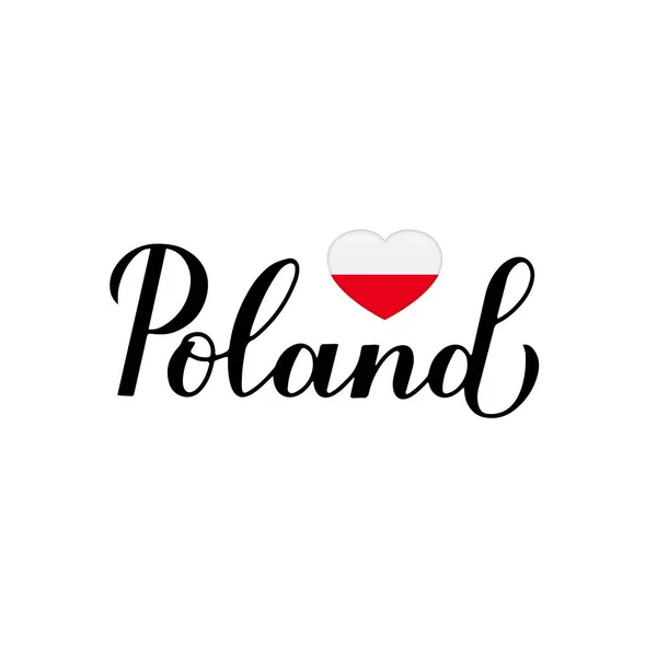 Polonia Caligrafía Letras Mano Aisladas Blanco Bandera Polaca Forma Corazón — Vector de stock