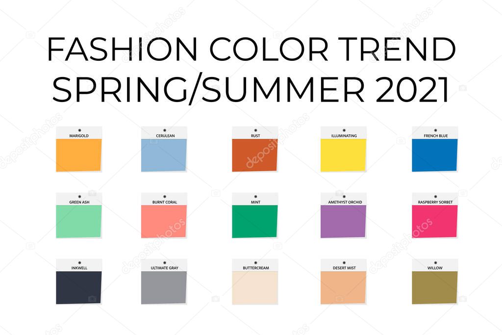 Fashion Color Trend Spring Summer 2021. Trendy colors palette guide. Brush strokes of paint color with names swatches. Easy to edit vector template for your creative designs.