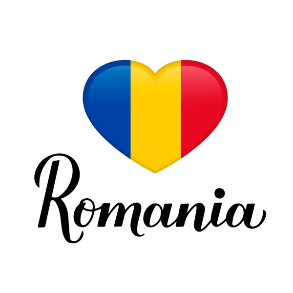 Romania Calligrafia Scrittura Mano Isolata Bianco Bandiera Polacca Forma Cuore — Vettoriale Stock