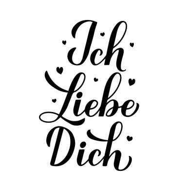 Liebe Dich el yazısı harfleri. Almanca I Love You yazıtları. Sevgililer Günü tipografi posteri. Pankart, tebrik kartı, tişört, logo tasarımı, broşür, etiket vs. için vektör şablonu.
