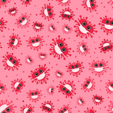 Salgın Sevgililer Günü kusursuz bir düzen. Maske takan sevimli bir virüs. Coronavirus Covid - 19 karantina konsepti. Kartlar, tekstil, kumaş ve ambalaj kağıtları için sosyal uzaklık aşk vektörü arka planı