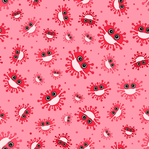 Salgın Sevgililer Günü kusursuz bir düzen. Maske takan sevimli bir virüs. Coronavirus Covid - 19 karantina konsepti. Kartlar, tekstil, kumaş ve ambalaj kağıtları için sosyal uzaklık aşk vektörü arka planı