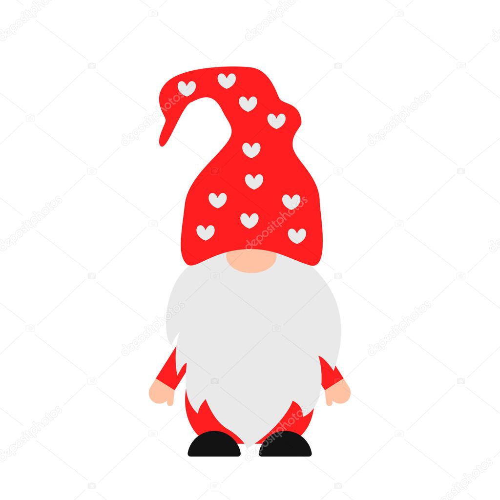 Valentine s Day or Christmas gnome isolated on white . Scandinavian Nordic dwarf. Cute cartoon character. Vector template for banner, poster, greeting card, t shirt, etc.