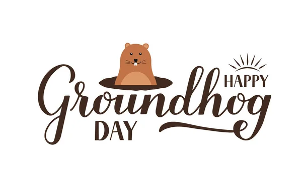 Happy Groundhog Day Calligraphy Hand Lettering Cute Cartoon Groundhog Isolated — Stock Vector