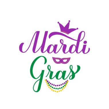Mardi Gras el yazısı, renkli boncuklar, maske ve taç. New Orleans 'taki Şişman Salı Karnavalı. Pankart, el ilanı, parti daveti vesaire için tasarım vektör ögesi.