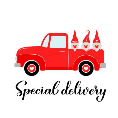 Valentines red retro truck and cute Nordic gnomes. Special delivery calligraphy hand lettering. Vector template for Valentine s Day greeting card, banner, poster, flyer, etc. vector