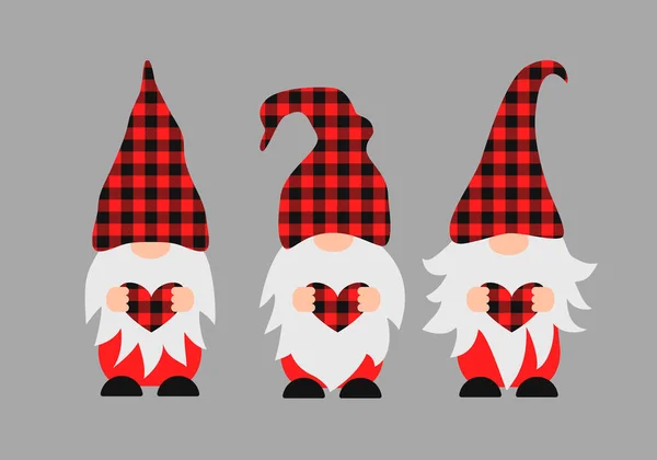 Lindos Gnomos Dibujos Animados Sosteniendo Corazón Patrón Cuadros Búfalo Rojo — Vector de stock