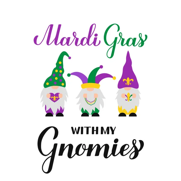 Mardi Gras Καλλιγραφία Χέρι Γράμματα Χαριτωμένο Σκανδιναβικές Gnomes Χοντρή Τρίτη — Διανυσματικό Αρχείο