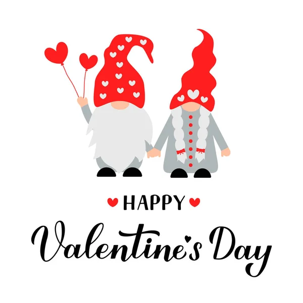 Feliz Día San Valentín Caligrafía Letras Mano Con Par Gnomos — Vector de stock