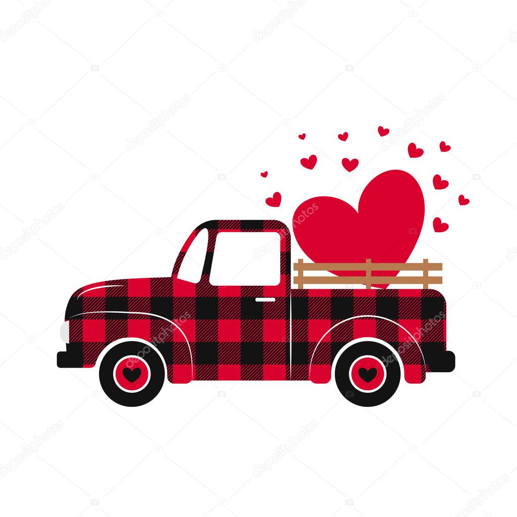Valentines retro truck. Red buffalo plaid pattern. Vintage pickup delivers hearts. Vector template for Valentine s Day greeting card, banner, poster, flyer, etc