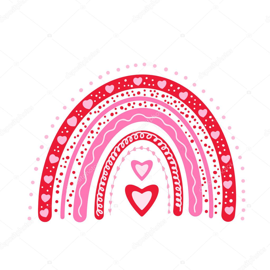Valentines boho rainbow. Hand drawn cute clipart. Vector template for Valentine s Day banner, poster, greeting card, flyer, t shirt, etc.