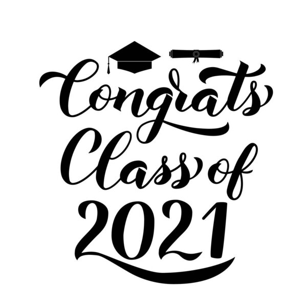 Congrats Class of 2021 calligraphy lettering with graduation cap isolated on white. Congratulations to graduates typography poster. Vector template for greeting card, banner, sticker, etc.