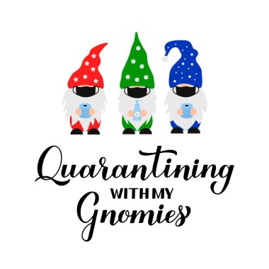 Quarantining with my gnomies. Funny quarantine quote with cute cartoon gnomes wearing masks. Coronavirus COVID-19 pandemic concept. Vector template for banner, poster, greeting card, t-shirt, etc.