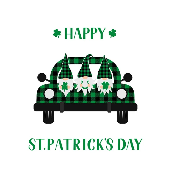 Patrick Day Retro Truck Cute Cartoon Gnomes Saint Patricks Day —  Vetores de Stock