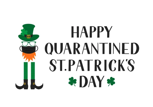 Happy Quarantined Patrick Day Lettering Cartoon Icon Leprechaun Face Mask — стоковый вектор