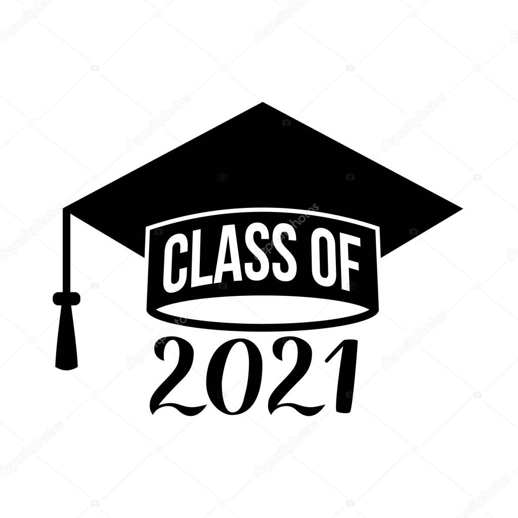 Class of lettering on graduation cap. Congratulations to graduates typography poster.  Vector template for greeting card, banner, label, sticker, invitation, etc. 
