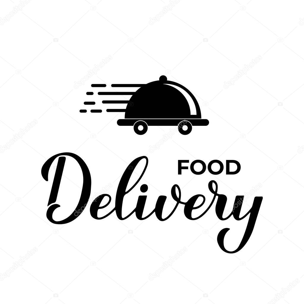 Food delivery calligraphy hand lettering. Handwritten logotype for takeaway service. Vector template for typography poster, logo design, banner, flyer, tag, etc.