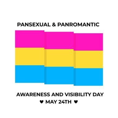 24 Mayıs 'ta Panseksüel ve Panromantik Farkındalık ve Görüş Günü. Panseksüel Gurur Bayrağı. LGBT halk etkinliği. Pankartlar, işaretler, logo tasarımı, kart vs. için vektör şablonunu düzenlemek kolay.