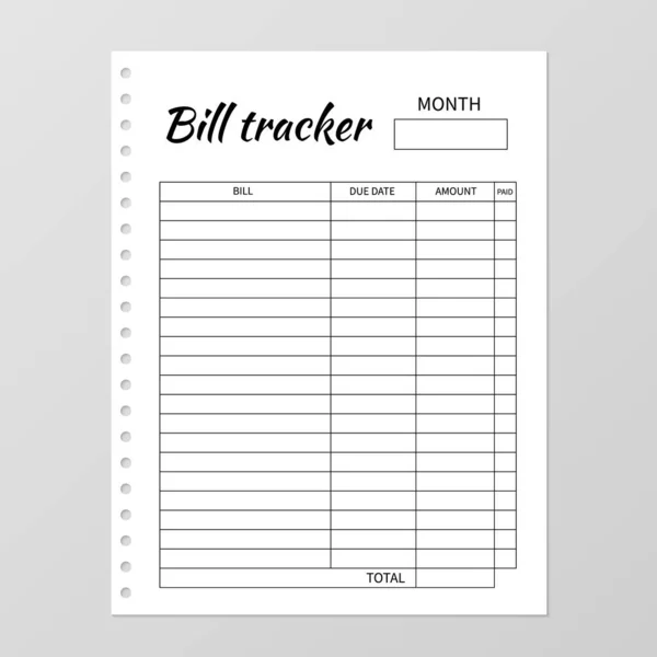 Plantilla Bill Tracker Planificador Mensual Cuaderno Blanco Blanco Aislado Gris — Vector de stock