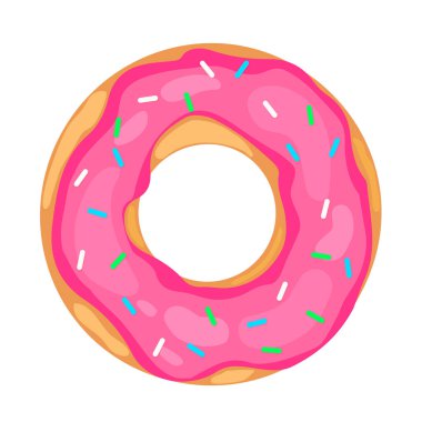 Beyaz üzerine pembe jöleli tatlı çörek. Lezzetli çörek ikonu. Poster, afiş, broşür, etiket, tişört, kartpostal, logo tasarımı vs. için vektör şablonu.