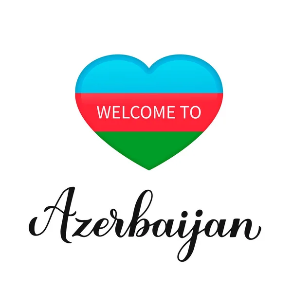 Vítejte Ázerbájdžánské Kaligrafii Rukopis Národní Vlajkou Tvaru Srdce Izolované Bílém — Stockový vektor