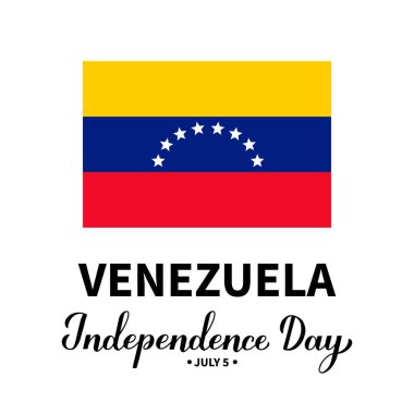 Venezuela 'nın Bağımsızlık Günü beyaz üzerine izole edilmiş bayrak ile yazılmış. Ulusal bayram 5 Temmuz 'da kutlandı. Tipografi posteri, afiş, tebrik kartı, el ilanı vs. için vektör şablonu