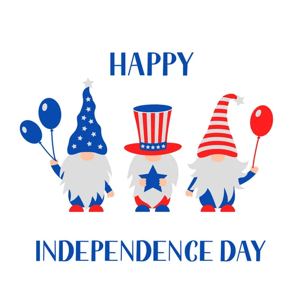 Gnomos Patrióticos Americanos Usa Tarjeta Felicitación Del Día Independencia Graciosos — Vector de stock