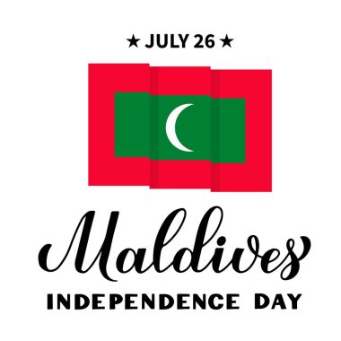 Maldivler Bağımsızlık Günü el yazısı ve Maldivler bayrağı. Tatil 26 Temmuz 'da kutlandı. Pankart, tipografi posteri, broşür vs. için vektör şablonu.