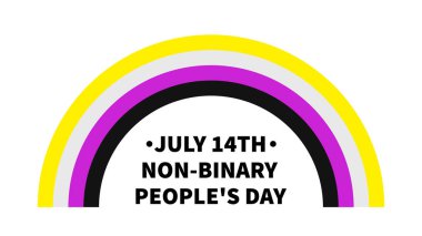 İkili Olmayan İnsanlar Günü posteri ve Gurur Bayrağı. LGBT halk bayramını 14 Temmuz 'da kutluyor. Pankartlar, işaretler, logo tasarımı, kart vs. için vektör şablonunu düzenlemek kolay.