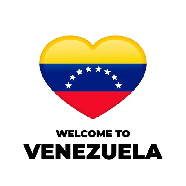 Bienvenidos a Venezuela con letras con bandera nacional en forma de corazón aislada sobre fondo blanco. Plantilla vectorial para póster de tipografía, postal, pancarta, folleto, pegatina, camiseta — Vector de stock