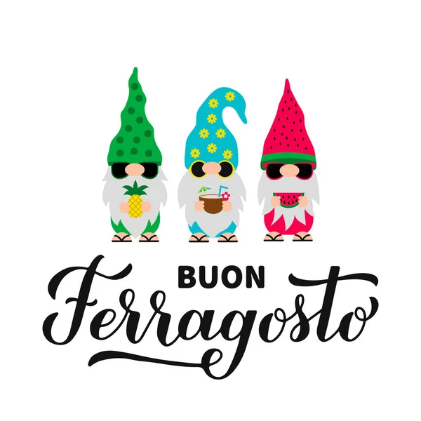 Buon Ferragosto Kalligráfia Kézírás Aranyos Törpékkel Boldog Augusztusi Fesztivált Olaszul — Stock Vector