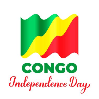 Kongo Bağımsızlık Günü bayrak sallıyor. 15 Ağustos 'ta ulusal bayram kutlaması. Tipografi afişi, el ilanı, çıkartma, tebrik kartı, kartpostal vs. için vektör şablonunu düzenlemek kolay.