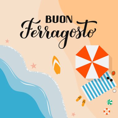 Buon Ferragosto - İtalyanca Ağustos Festivalin kutlu olsun. İtalya 'da geleneksel yaz tatili. Tipografi posteri, afiş, davetiye, kart, etiket vs. için vektör arkaplan.