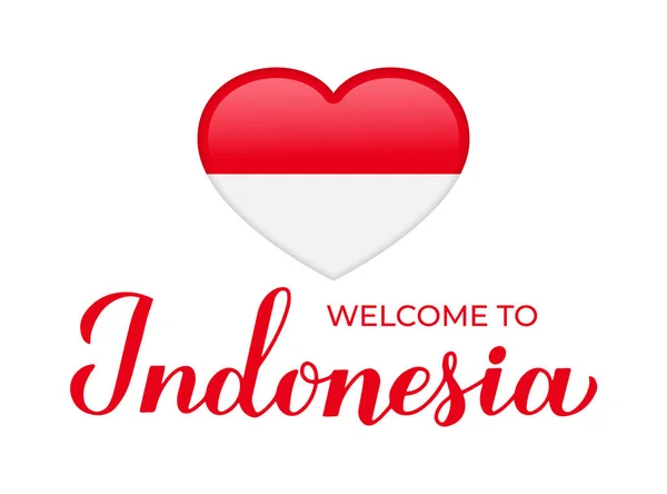 Välkommen Till Indonesien Bokstäver Med Nationell Flagga Hjärtform Isolerad Vit — Stock vektor