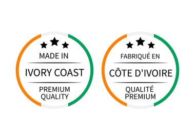 Made in Ivory Coast round labels in English and in French languages. Quality mark vector icon. Perfect for logo design, tags, badges, stickers, emblem, product package clipart