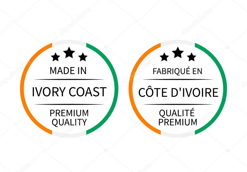 Made in Ivory Coast round labels in English and in French languages. Quality mark vector icon. Perfect for logo design, tags, badges, stickers, emblem, product package