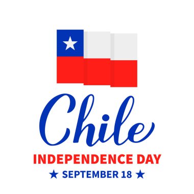 Şili Bağımsızlık Günü yazı kaligrafisi beyaz üzerine izole edilmiş Şili bayrağı. Ulusal bayram 18 Eylül 'de kutlandı. Tipografi posteri, afiş, tebrik kartı, el ilanı vs. için vektör şablonu.