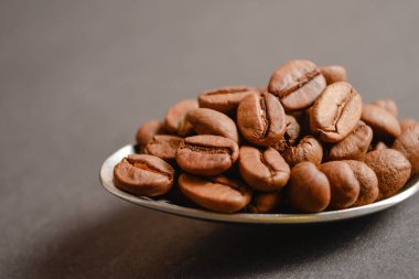 Kavrulmuş kahve çekirdeklerinin makro fotoğraf çekimi koyu arkaplanda gümüş, paslanmaz çelik kaşıkla servis edilir. Yüksek kaliteli organik aroma tohumları. Boşluk metin resmini kopyala