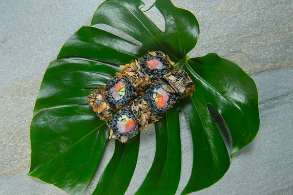 Top View Japanese Sushi Roll Served Tropical Leaf Stone Texture — Stock Photo, Image