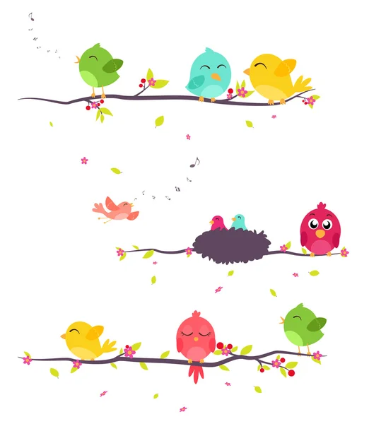 Colorful Birds on branches background — Stock Vector